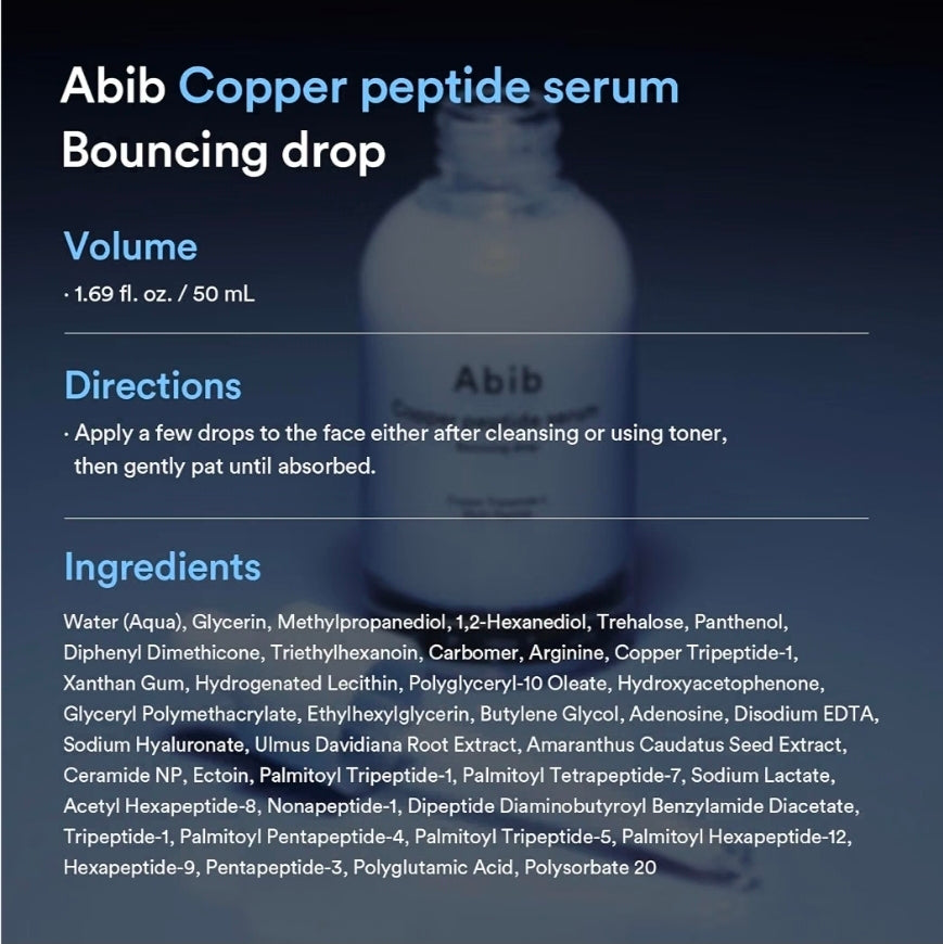 Abib Copper Peptide Serum Bouncing Drop – GHK-Cu, Argireline & Matrixyl Peptide Face Serum, Skin Texture & Hydration