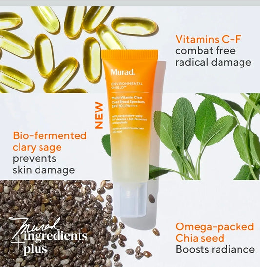 Protector solar multivitamínico transparente Murad FPS 50: protector solar ligero de amplio espectro con vitaminas CF, salvia esclarea biofermentada y semillas de chía que nutre la piel sin dejar una capa blanca.