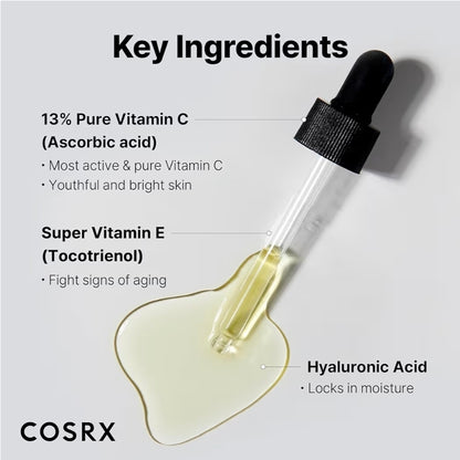COSRX Pure Vitamin C 13% Serum with Vitamin E & Hyaluronic Acid - Hydrating Facial Serum for Fine Lines, Uneven Skin Tone & Dull Skin