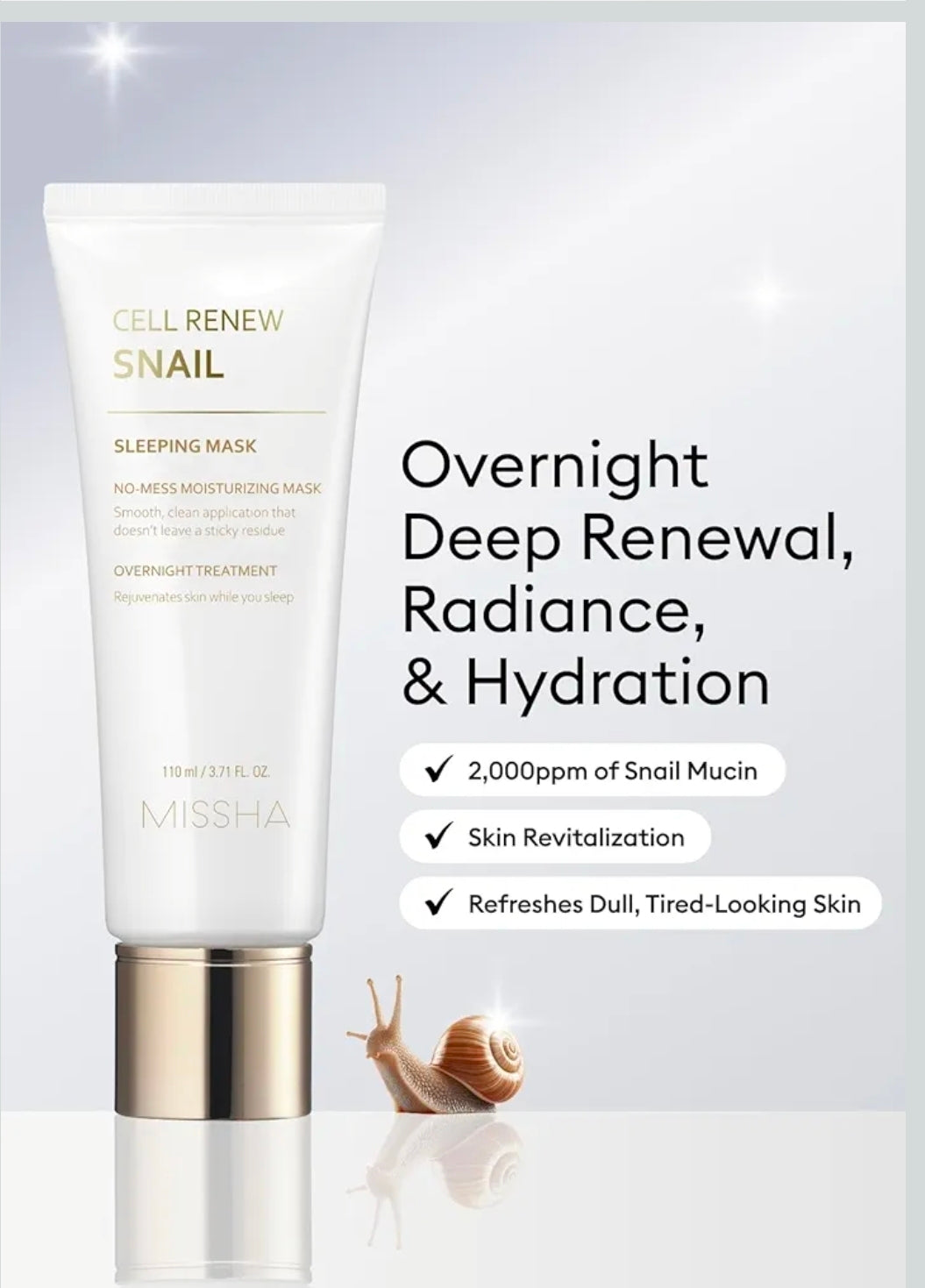 MISSHA Cell Renew Snail Sleeping Mask - Overnight Face Mask with Snail Slime Extract for Acne Scars, Wrinkles, Redness & Dull Skin