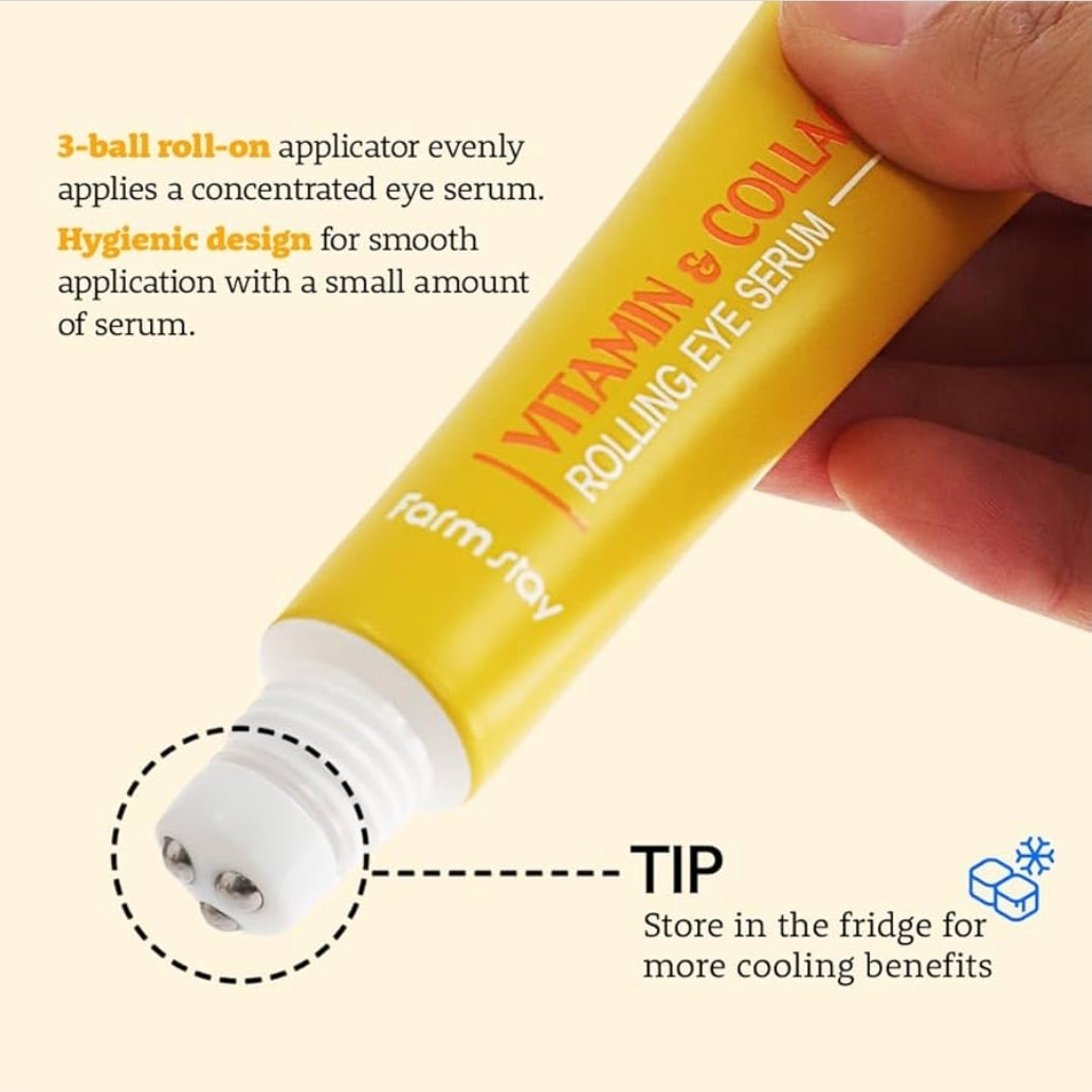 Farmstay Vitamin & Collagen Rolling Eye Serum – Hydrating & Firming Korean Eye Care, Reduces Puffiness, Dark Circles & Fine Lines, Firming, Hydrating, Moisturizing, Rejuvenating Collagen, Vitamin C