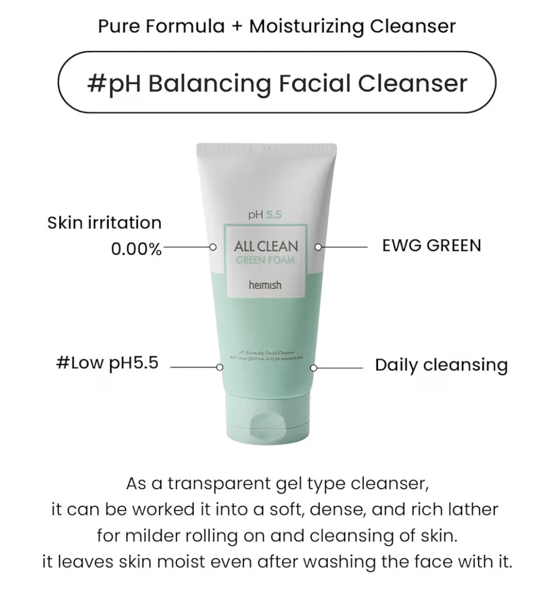 HEIMISH All Clean Green Foam - Moisturizing Face Cleanser, Hydrating Gentle Gel Cleanser, Daily Face Wash for Sensitive Skin with Amino Acid, P.H 5.5, for Double Cleansing