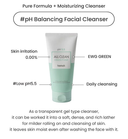 HEIMISH All Clean Green Foam - Moisturizing Face Cleanser, Hydrating Gentle Gel Cleanser, Daily Face Wash for Sensitive Skin with Amino Acid, P.H 5.5, for Double Cleansing