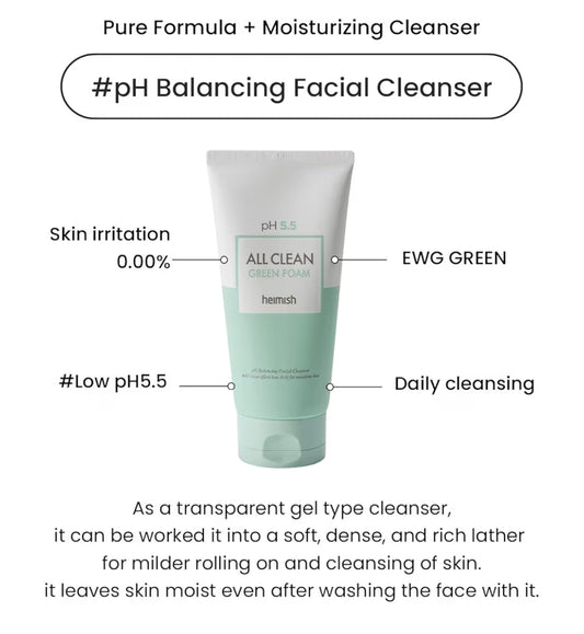 HEIMISH All Clean Green Foam - Moisturizing Face Cleanser, Hydrating Gentle Gel Cleanser, Daily Face Wash for Sensitive Skin with Amino Acid, P.H 5.5, for Double Cleansing