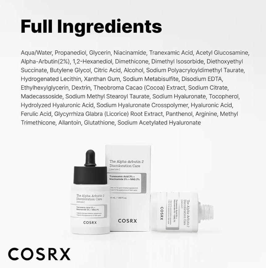 COSRX The Alpha Arbutin 2 Discoloration Care Serum - Even skin tone while soothing irritation and enhancing brightness, reduce dark spots and hyperpigmentation - Tranexamic Acid ( TXA) and Niacinamide