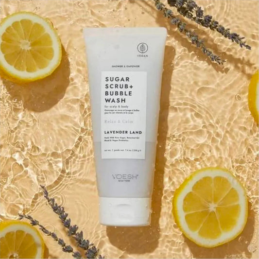 VOESH Sugar Scrub + Bubble Wash, Exfoliating Body Scrub & Body Wash, Lavender Land, Scalp Scrub, Scalp Care, Shower Sugar Scrub, Vegan Body Care