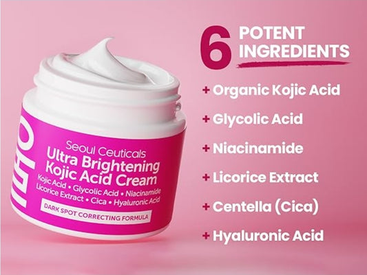 Crema ultra iluminadora con ácido kójico de Seoul Ceuticals: correctora de manchas oscuras, ácido glicólico, niacinamida, cica y AH.