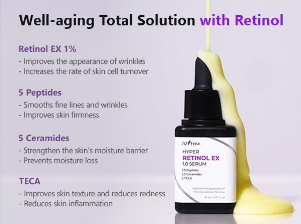 ISNTREE Hyper Retinol EX 1.0 Serum 20 ml - 5 péptidos, 5 ceramidas, ayuda a reducir las líneas finas