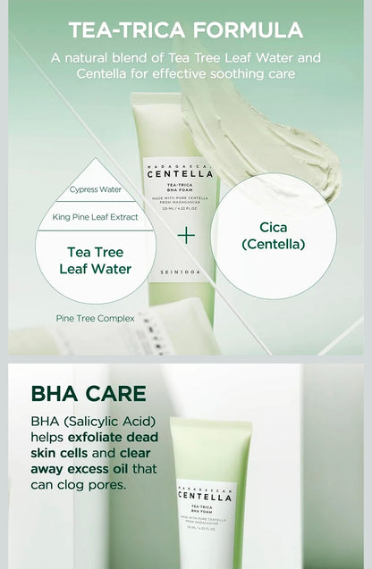 SKIN1004 Tea-Trica BHA Foam - Makeup Remover with Centella Asiatica & Tea Tree, Korean Face Cleanser for Oil & Sebum Balance, Cleansing Foam for Clearing Impurities