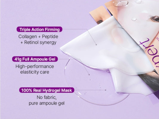 Mascarilla de hidrogel de colágeno con péptidos Ariul Expert: 3 tipos de colágeno de bajo peso molecular, 3 tipos de retinol, 4 tipos de ácido hialurónico, 5 tipos de péptidos. Cuidado reafirmante y elástico antiedad.