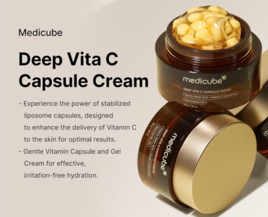 medicube Deep Vita C Capsule Cream Set - Cream + 7 Travel Size Capsules - Liposome Vitamin C Golden Capsule for Radiance & Firm-Looking Skin, Hydrating Glow Gel Texture