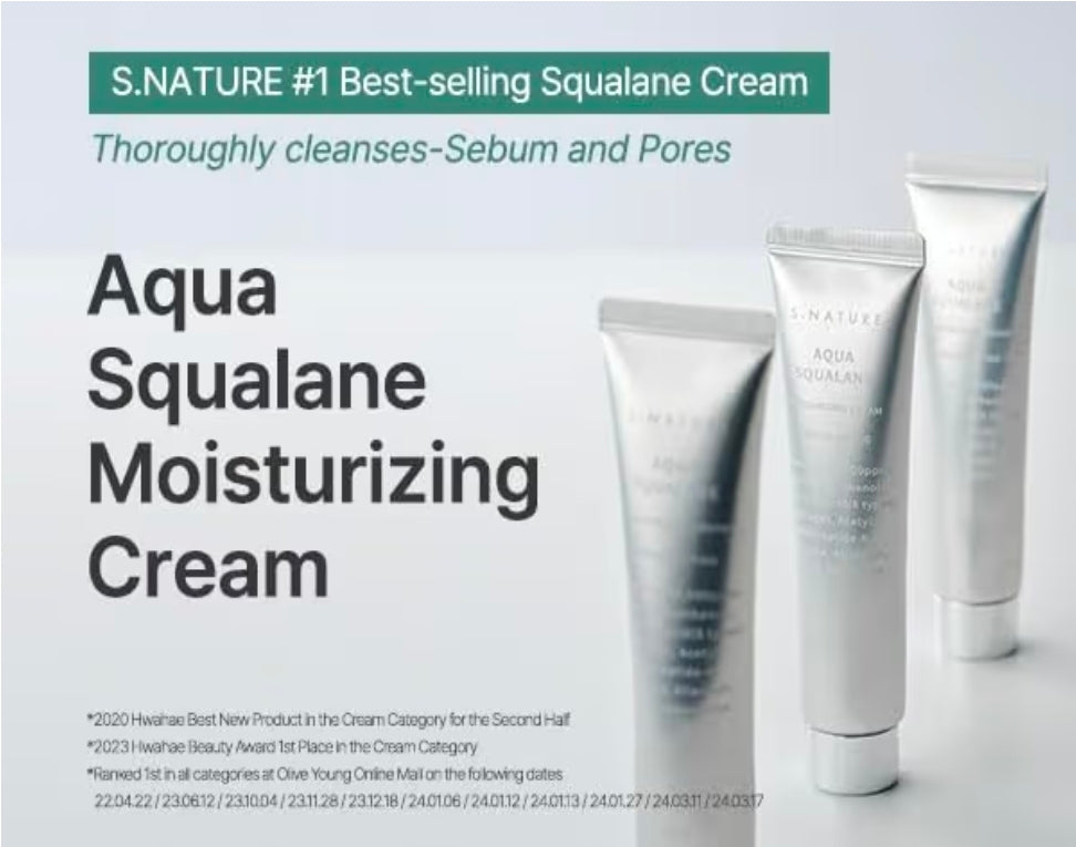 S. Nature AQUA SQUALANE MOISTURIZING CREAM - Face Moisturizer for Dry and Sensitive Skin, Vegetable Squalane 150,00ppm, Long-lasting Hydration, Pore Care Cream
