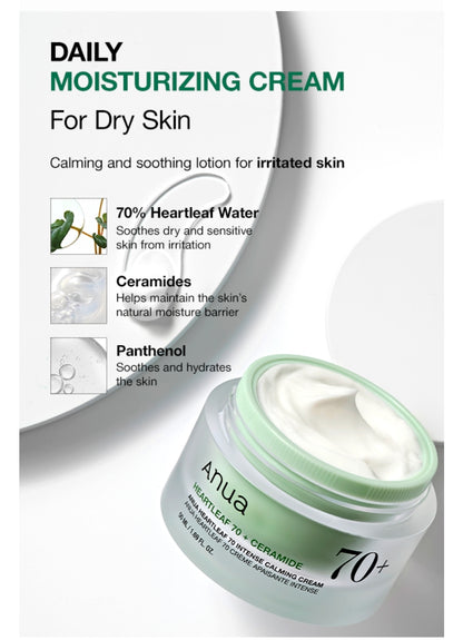 Anua Heartleaf 70 + Ceramides  Intense Calming Cream - Contains Ceramides and Panthenol, effective ingredients to repair and hydrates damaged skin barrier