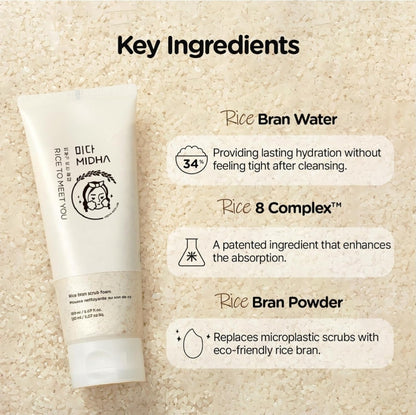 MIDHA Rice Cleansing Oil + Rice Bran Scrub Foam - Facial Cleanser Daily Makeup Remover Set - Long Lasting Cleanser & Hydration - 2 Piece Set