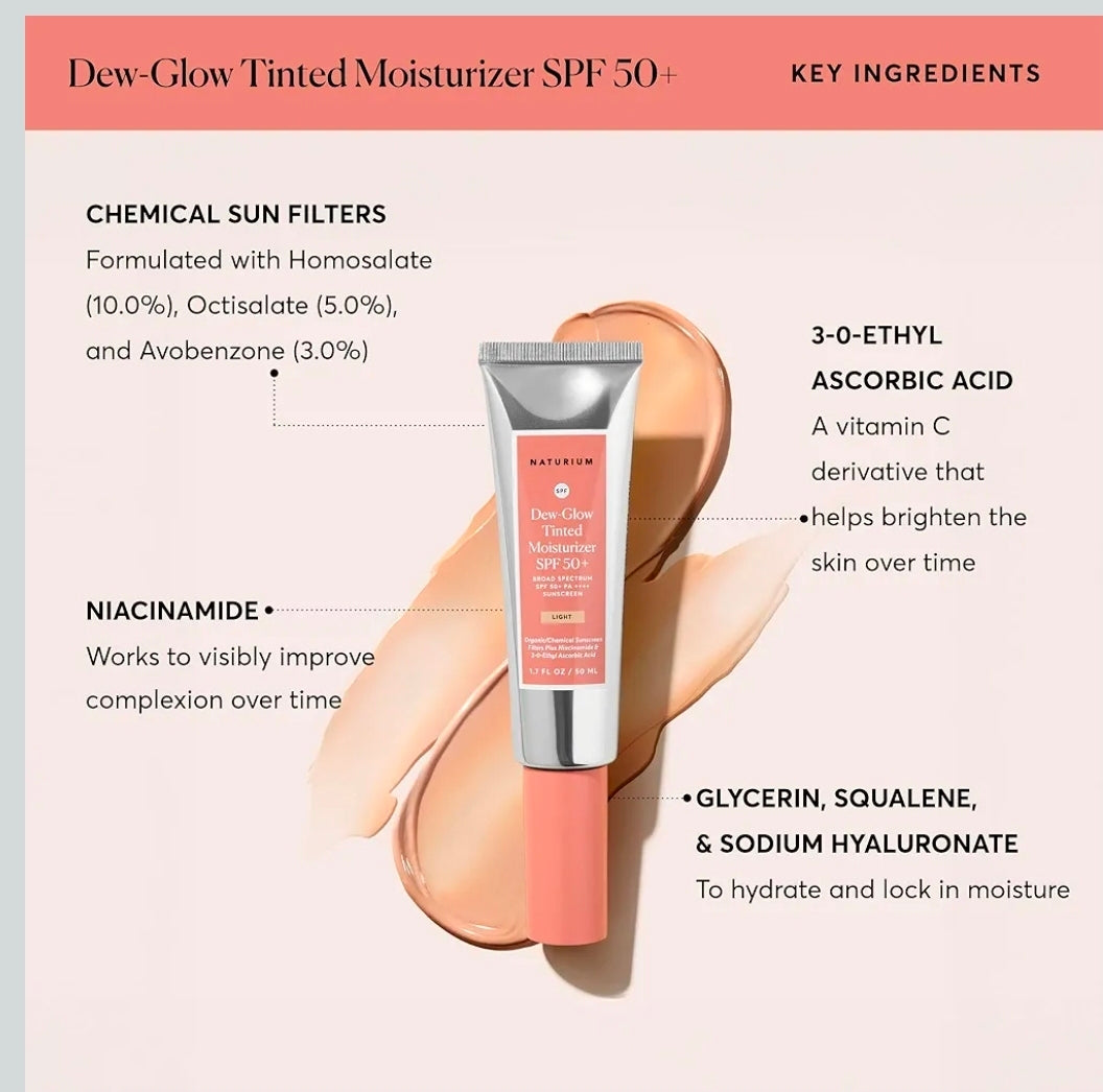 Naturium Dew-Glow Tinted Moisturizer SPF 50+ Light, protector solar hidratante diario y prebase facial con tinte, protector de piel con acabado húmedo, 1.7 oz