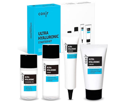 Coxir Ultra Hyaluronic Set – Cleansing Oil + Toner + Ampoule + Cream, Mini Skincare Kit, Travel-Size Korean Skincare Set, Hydrating Routine