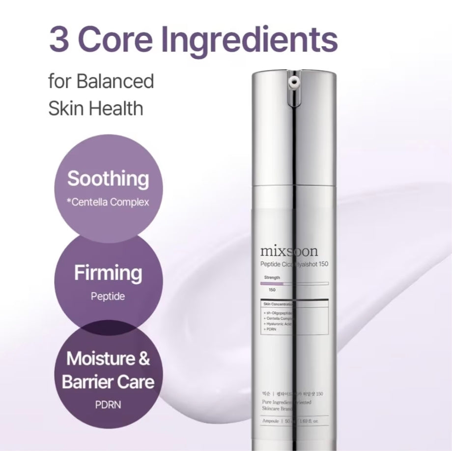 Mixsoon Peptide Cica Hyalshot 150 - Suero en ampolla reafirmante, calmante e hidratante, fórmula ligera para una piel radiante y equilibrada, 50 ml