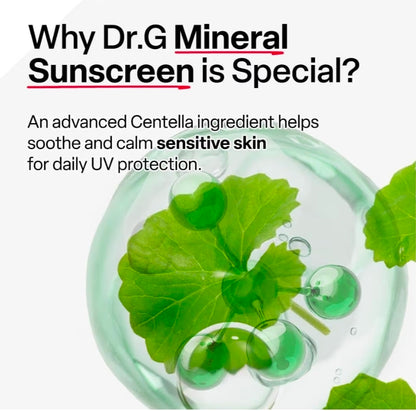 Dr. G Green Mild Up Defense Mineral Sunscreen - SPF 50 Broad Spectrum Korean Sunscreen - Lightweight & Reef-Safe Mineral Formula - For Sensitive Skin - Non-Greasy - With Centella Asiatica