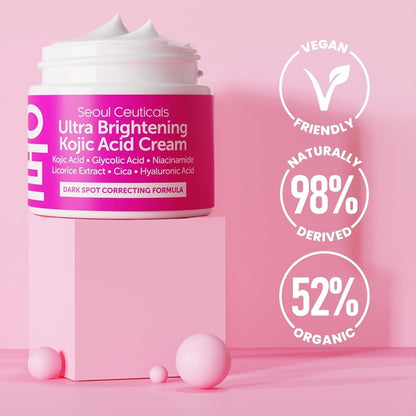 Crema ultra iluminadora con ácido kójico de Seoul Ceuticals: correctora de manchas oscuras, ácido glicólico, niacinamida, cica y AH.