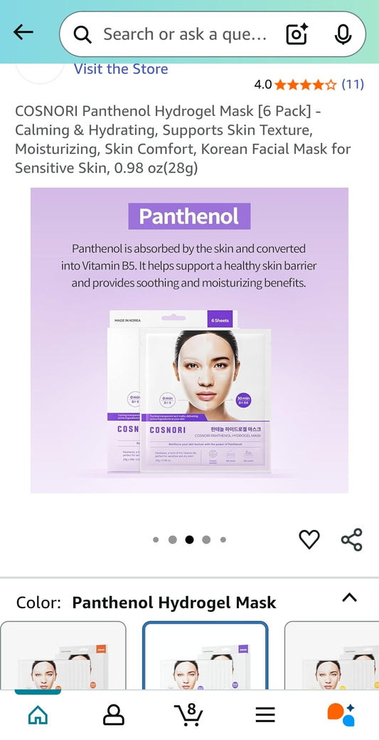 COSNORI Panthenol Hydrogel Mask - Calming & Hydrating, Supports Skin Texture, Moisturizing, Skin Comfort, Korean Facial Mask for Sensitive Skin - 1 Mask