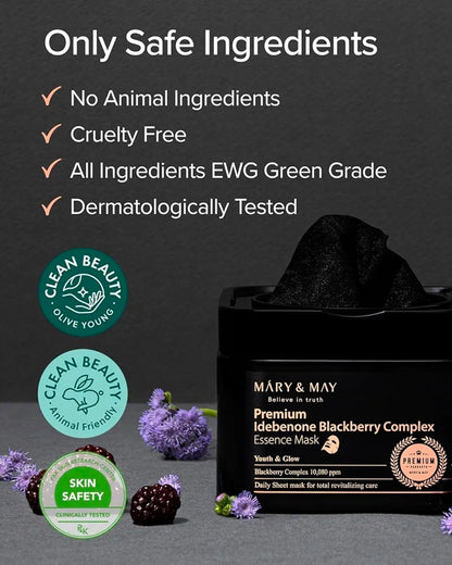 Mascarilla de esencia premium con complejo de idebenona y mora de Mary & May - Antiedad de dosificación rápida - Vitamina C, pantenol y ceramida para una piel hidratada y radiante