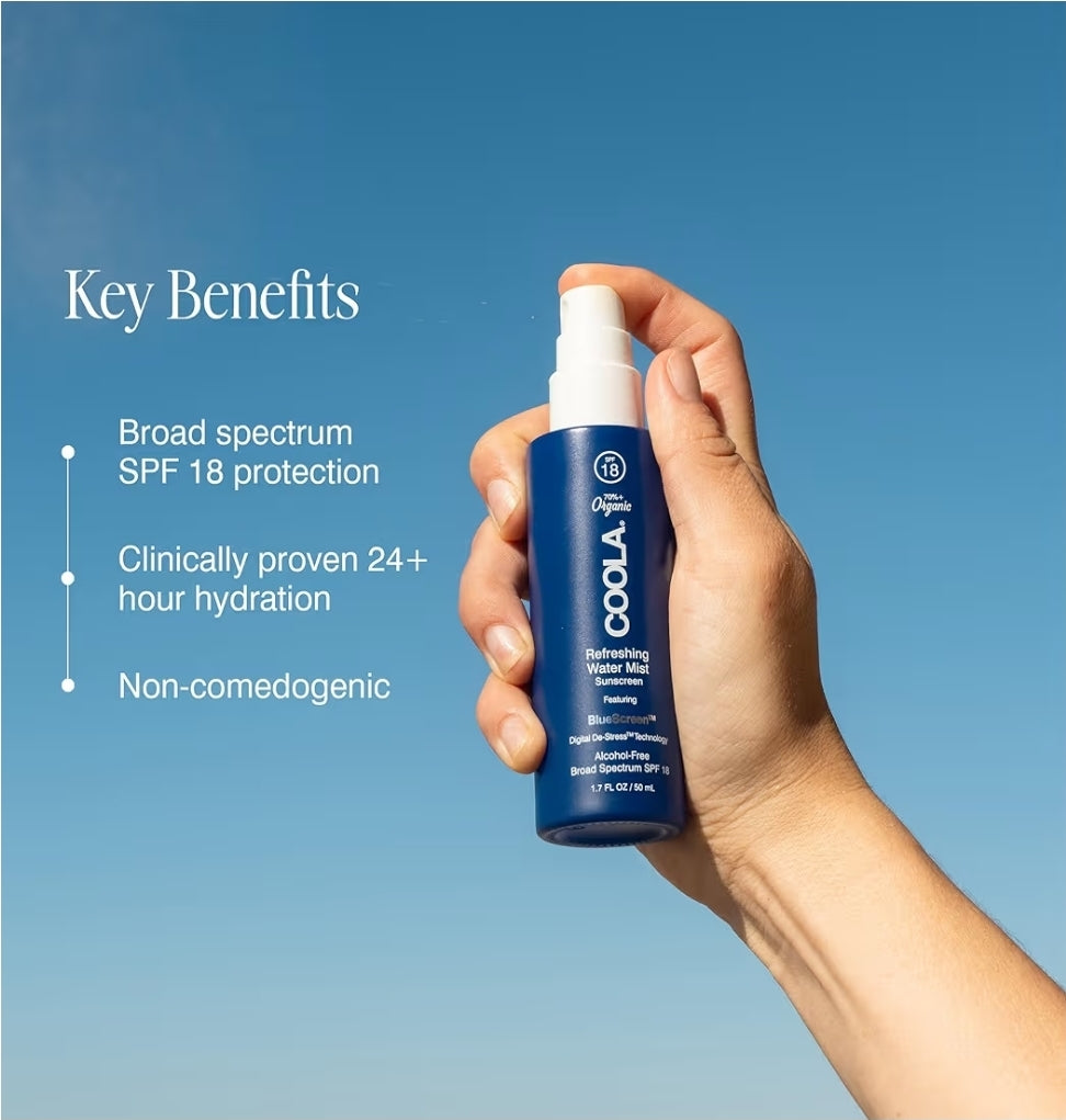 COOLA Refreshing Water Mist Face Moisturizer and With SPF 18 - Face Sunscreen With Plant-Derived BlueScreen Digital De-Stress Technology