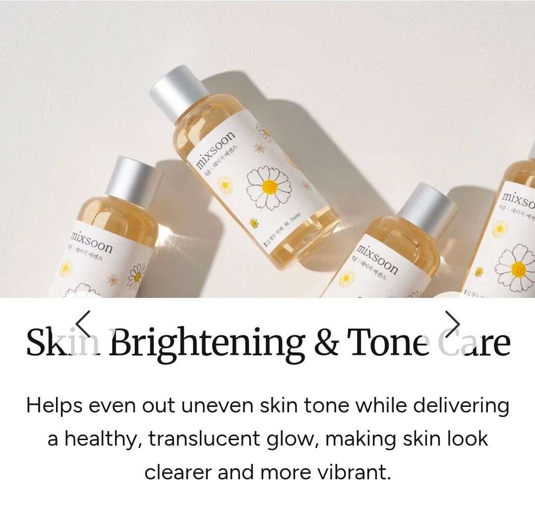 mixsoon Daisy Toner - Daisy Flower Extract rich in brightening and soothing properties, helps to even out skin tone, reduce dullness, and deliver refreshing hydration, leaving the skin clear, radiant, and balanced