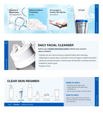 Anua Hyaluronic Acid 8 + Panthenol Cleanser - Hydrating Gentle Foaming Cleanser Hyaluronic Acid, Glycerin, Zinc, Panthenol, Korean Face Wash for Dry Skin