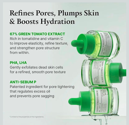 FULLY Green Tomato Serum - Pore Tightening with 67% Green Tomato Extract, Vit C and PHA, Elasticity Boosting and Skin Moisturization, Fragrance Free, Vegan