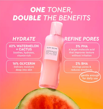 Tónico facial Glow Recipe PHA + BHA: minimizador de poros y exfoliante facial suave para reafirmar, hidratar y exfoliar. Glicerina, agua de sandía y cactus.