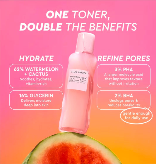 Glow Recipe PHA + BHA Face Toner - Pore Minimizer & Gentle Facial Exfoliator for Tightening, Hydrating & Exfoliating - Glycerin, Watermelon & Cactus Water