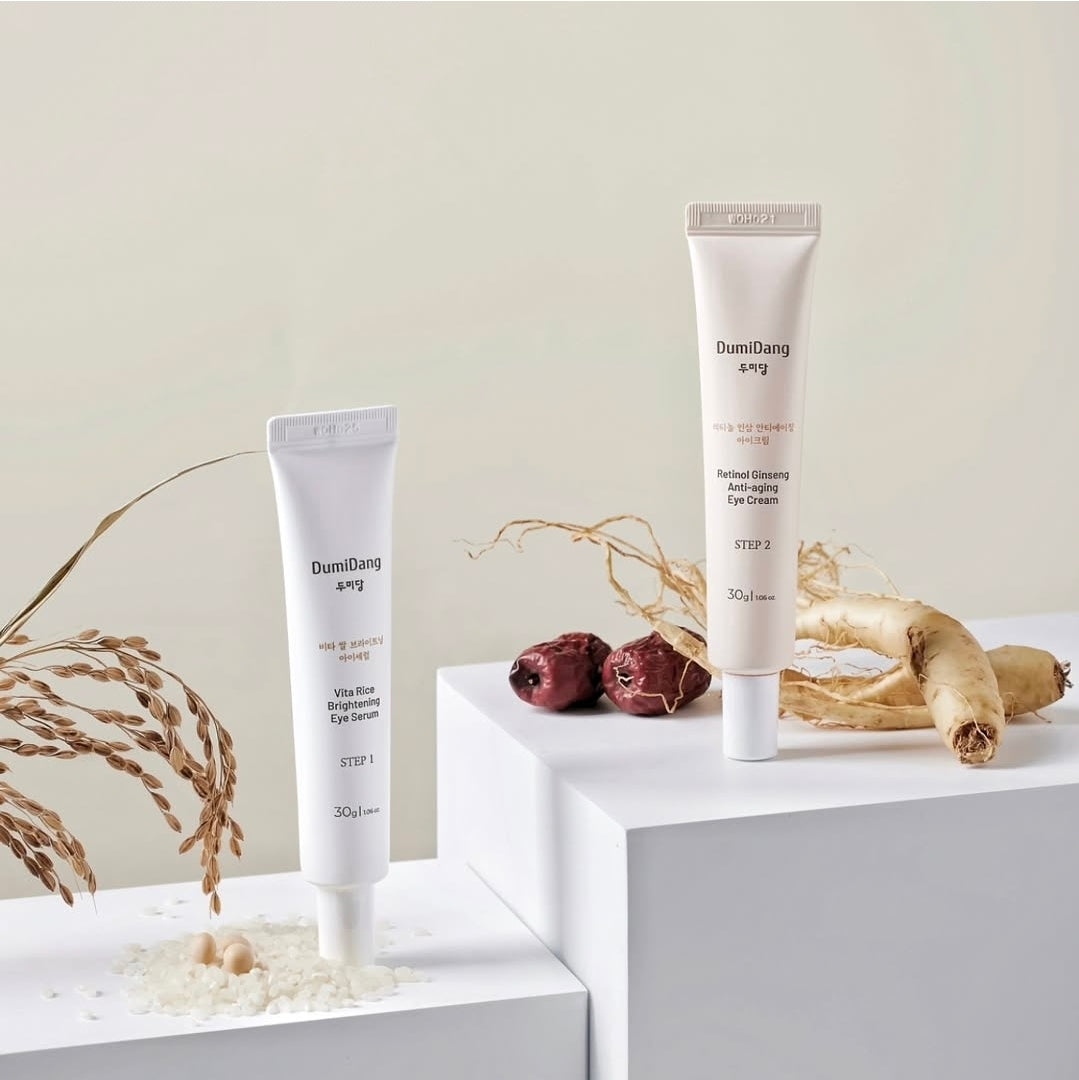 DumiDang Rice & Ginseng Duo Eye Care Set - Serum + Cream,  Brightens and Improves fine lines - Vita Rice Brightening Serum & Retinal Ginseng Anti-Aging Cream