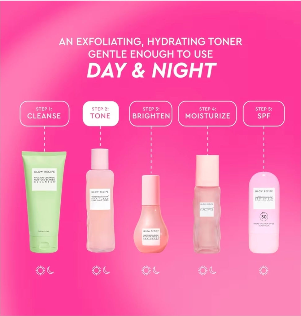 Tónico facial Glow Recipe PHA + BHA: minimizador de poros y exfoliante facial suave para reafirmar, hidratar y exfoliar. Glicerina, agua de sandía y cactus.