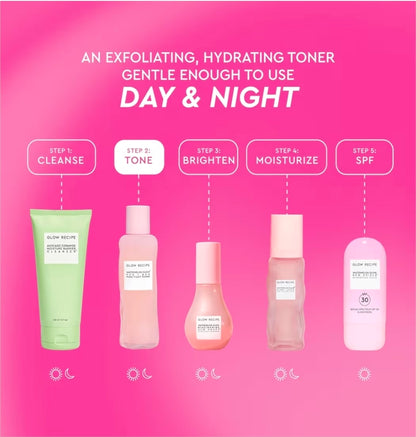 Tónico facial Glow Recipe PHA + BHA: minimizador de poros y exfoliante facial suave para reafirmar, hidratar y exfoliar. Glicerina, agua de sandía y cactus.