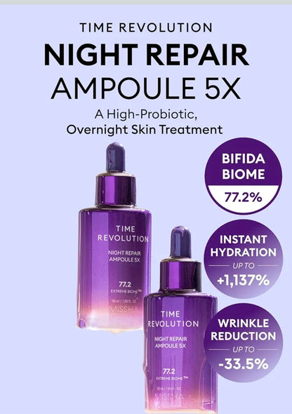 MISSHA Time Revolution Night Repair Face Serum Ampoule (5th Gen) - Overnight Probiotic Skincare for Revitalization and Radiance