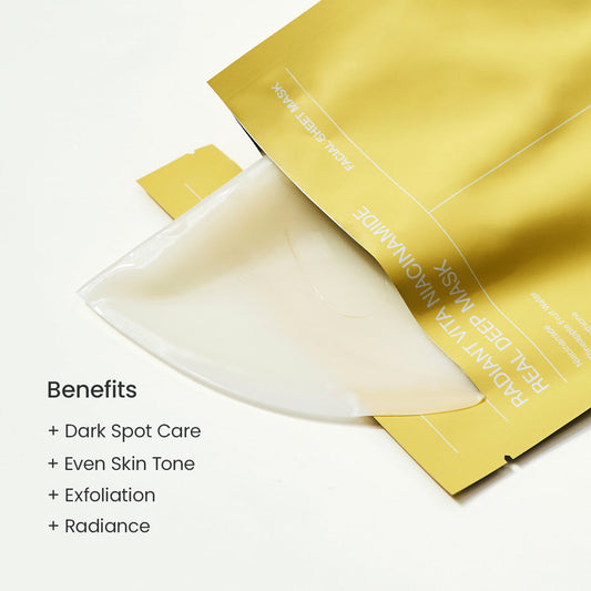 Biodance Radiant Vita Niacinamide Real Deep Mask - Niacinamide and high-purity Glutathione, which help refine melasma, hyperpigmentation and dark spots, delivering a more even skin tone