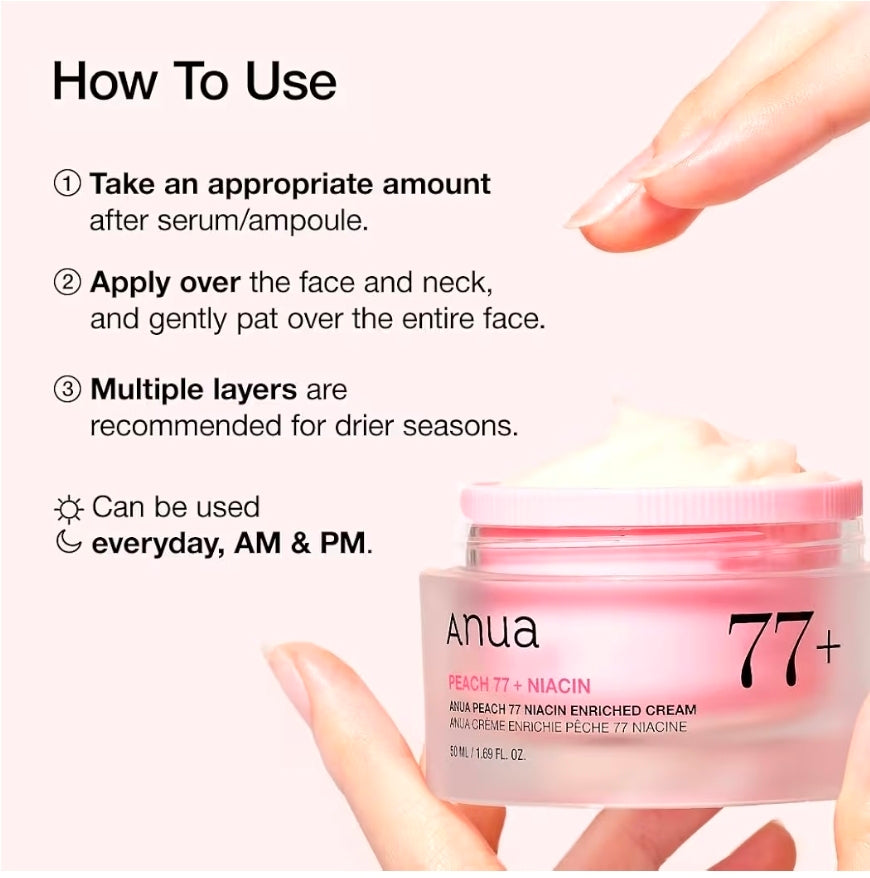 Anua Peach 77+ Niacin -  Niacinamide Cream, Face Moisturizer for Dry Skin with Vitamin B12, Collagen, Ceramide, Panthenol for Healthy Glass Skin
