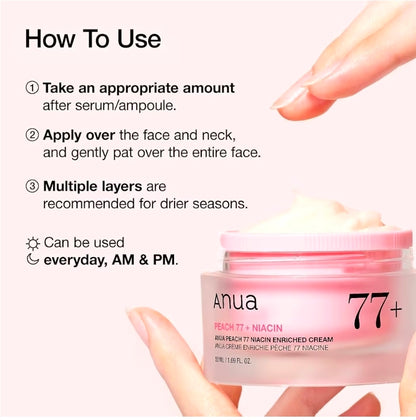 Anua Peach 77+ Niacin -  Niacinamide Cream, Face Moisturizer for Dry Skin with Vitamin B12, Collagen, Ceramide, Panthenol for Healthy Glass Skin