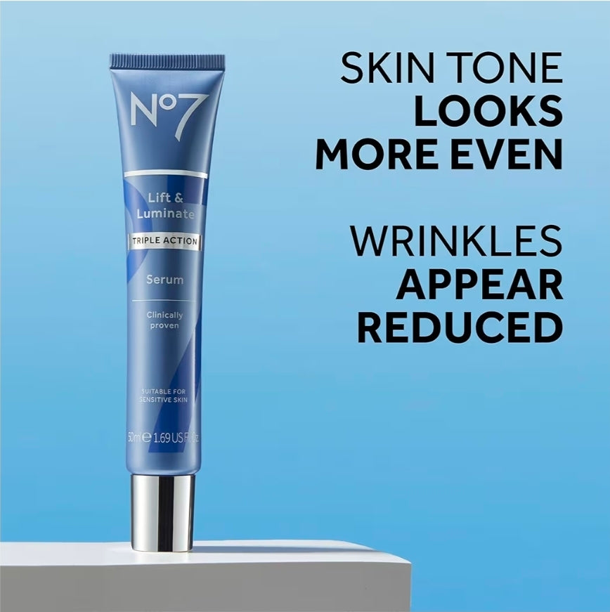No7 Lift and Luminate Triple Action Face Serum – Anti-Wrinkle Collagen Peptide Serum with Vitamin C, Brightening Emblica, Pro Retinol, Hyaluronic Acid & Hibiscus for Skin Firming