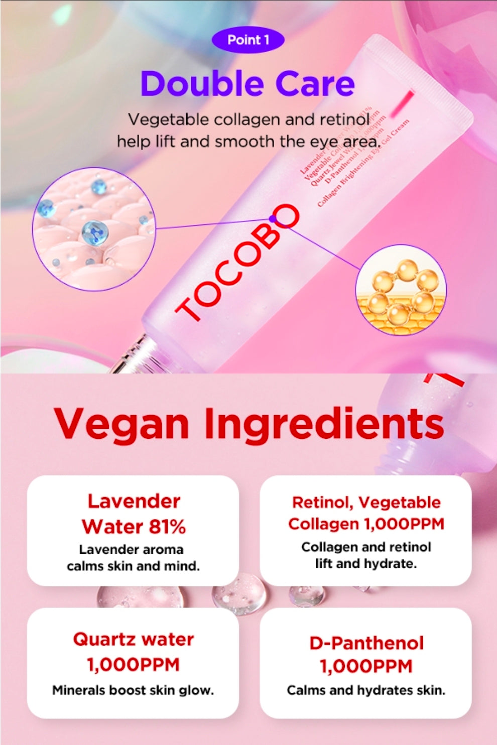 Crema iluminadora de colágeno Tocobo para ojos en gel: tratamiento vegano con retinol para ojeras e hinchazón. Fórmula ligera e hidratante con niacinamida y lavanda. Aclara las líneas de expresión.