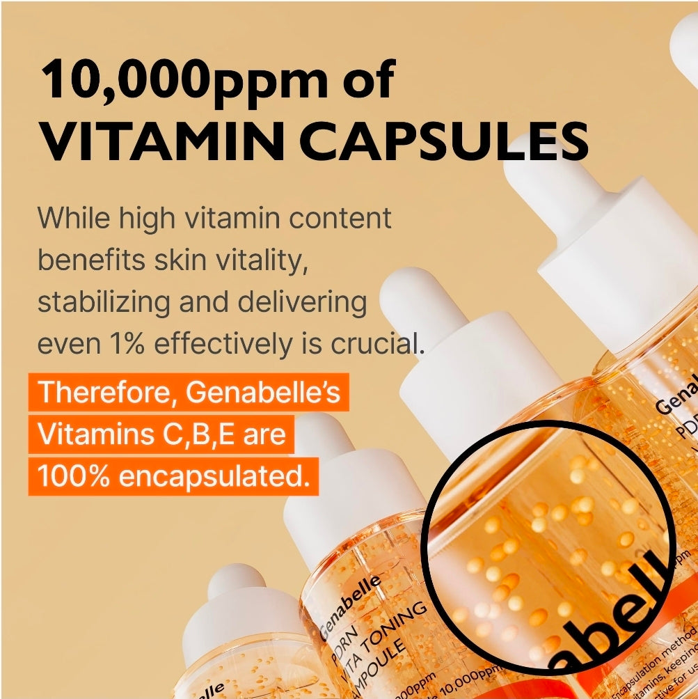 Genabelle PDRN Vita Toning Ampoule - Lightweight Glass Skin & Toning Ampoule with Vitamin B, C, E, PDRN, Serum for Blemishes, Fine Lines and Rough Skin Texture, 1.01oz
