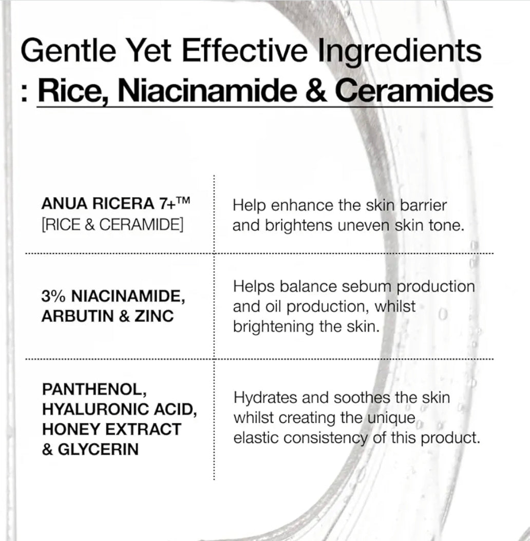 Suero hidratante facial con ceramidas de arroz 7 de Anua: suero hidratante facial con arroz, ácido hialurónico y niacinamida, sin fragancia, no comodogénico, piel de cristal.