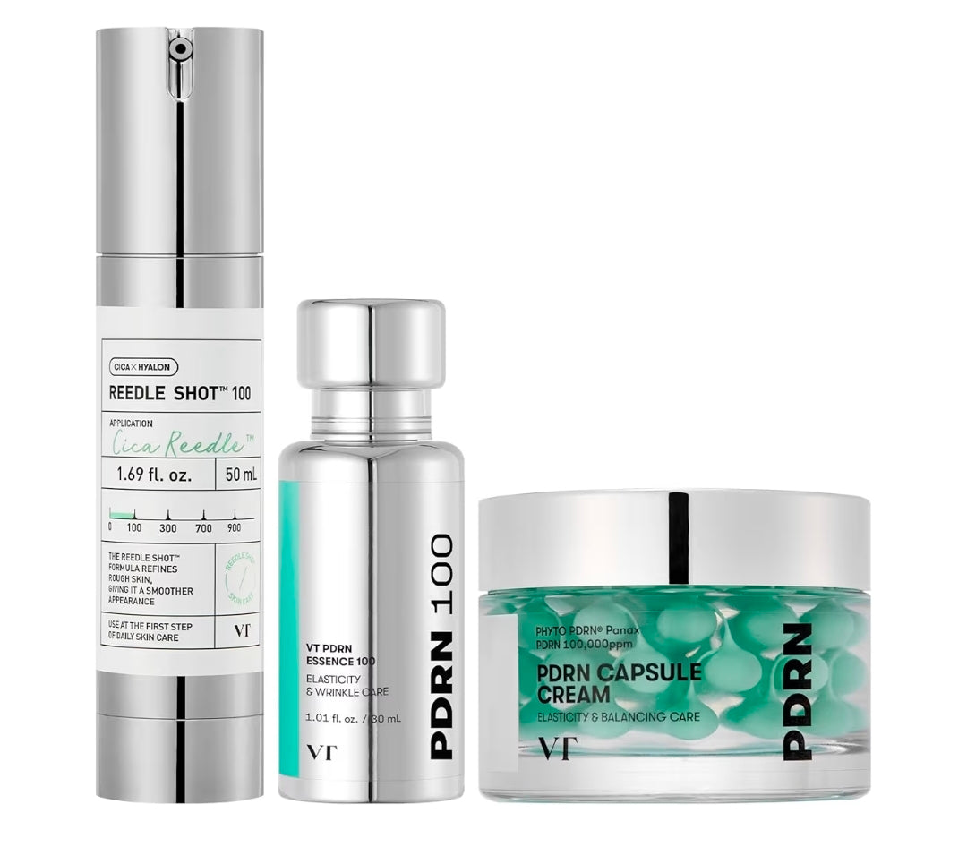 VT COSMETICS Reedle Shot & PDRN Skincare Trio Set Box -  For Glass, Smoother-Looking Skin, Reedle Shot 100 Serum + PDRN 100 Essence + PDRN Capsule Cream + Heart Keychain, Glow Routine