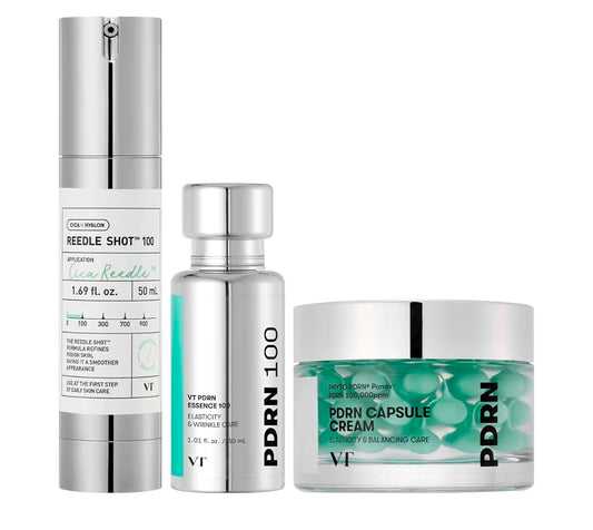 VT COSMETICS Reedle Shot & PDRN Skincare Trio Set Box -  For Glass, Smoother-Looking Skin, Reedle Shot 100 Serum + PDRN 100 Essence + PDRN Capsule Cream + Heart Keychain, Glow Routine
