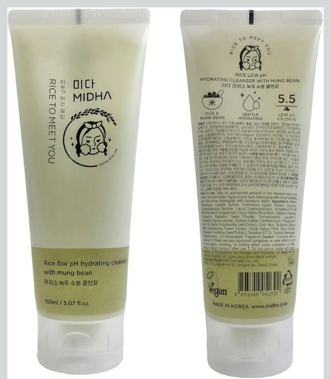 MIDHA Low pH Rice Gentle Cleanser with Mung Bean - Removes impurities, purify the skin, and support hydration