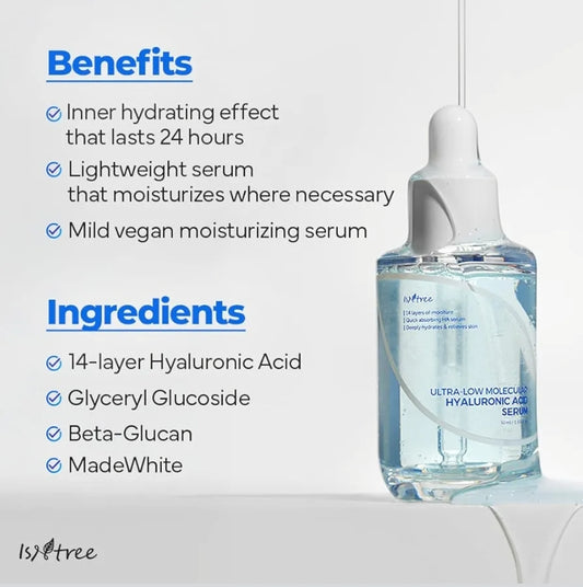 ISNTREE Ultra-Low Molecular Hyaluronic Acid Serum - Vegan, 14 Complex Hyaluronic Acid, Deep Hydration,  Lightweight & Fast-Absorbing