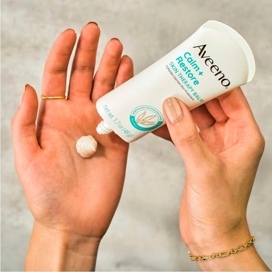 Bálsamo terapéutico Aveeno Calm + Restore: protector calmante e hidratante para piel sensible, con avena coloidal y ceramidas para combatir la sequedad de la piel. Sin fragancia ni esteroides.