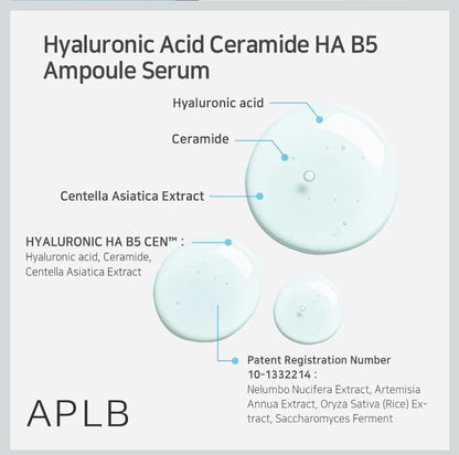 APLB Hyaluronic Acid Ceramide HA B5 Ampoule Serum - HYALURONIC HA B5 CEN 37.4%, Long lasting moisturizing, Revitalize for gentle and improve skin texture