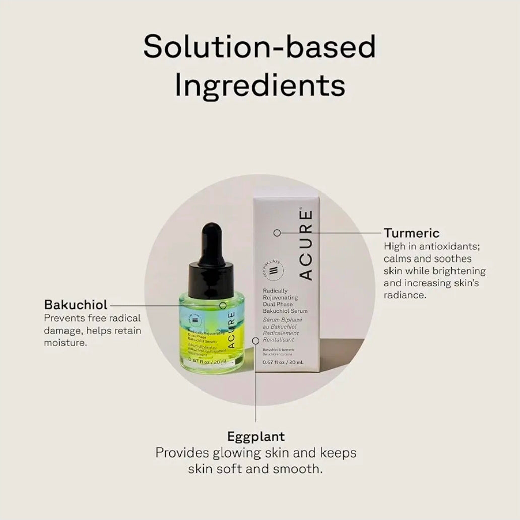Acure Radically Rejuvenating Dual Phase Bakuchiol Serum - Bakuchiol Oil Serum for Face, Anti Aging Retinol Alternative for Wrinkles & Fine Lines, Cold Pressed Botanical Oils, Vegan