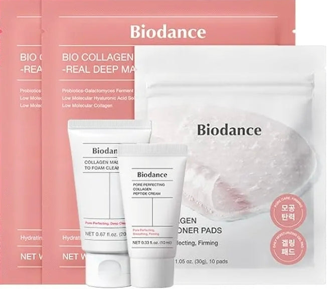 BIODANCE 7 Day Glow Up Set - Collagen Set for Glass-Skin, Korean Skin Care with Cleanser, Toner Pads, Moisturizer, Gel Masks, All-in-One Skin Care Set